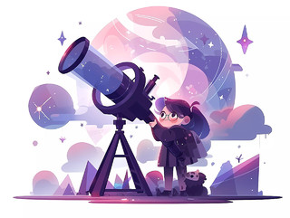 卡通扁平紫色插画学生手拿望远镜飞行概念